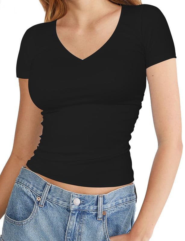 xolani Womens V Neck Short Sleeve Crop Top Double Lined Slim Fitted Basic Tee Going Out Cute Summer T Shirt Trendy X L2688 VK-picture-41
