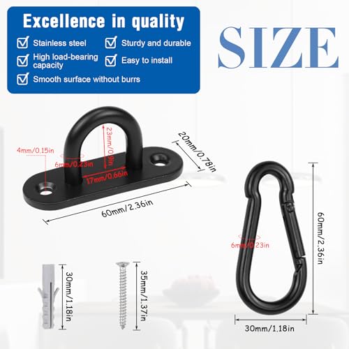 Rierousy 4 Stück Augplatte Edelstahl, Augplatte Schwarze mit M6-Karabinerhaken, Ösenplatte 6cm-80kg, Augplatte Schwerlast für Wand-Befestigung, Decken-Befestigung, Augplatte mit Öse