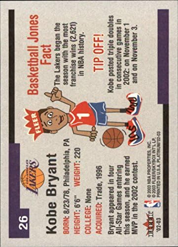 Amazon.com: 2002-03 Fleer Platinum #26 Kobe Bryant NBA Basketball