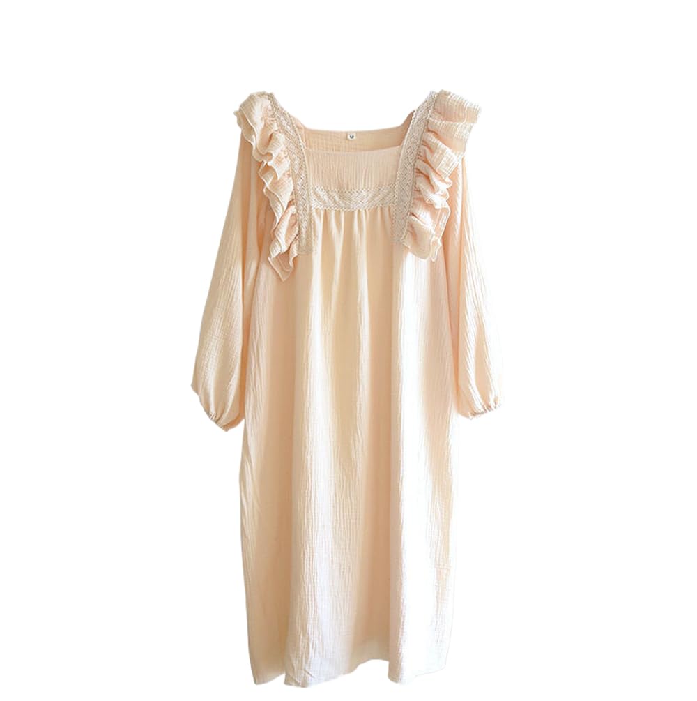 Camisón para Mujer - Primavera/Verano Señoras Camisón De Crepé De Algodón Mangas Finas De Hoja De Loto Cuello Cuadrado Color Sólido Vestido Largo De Gran Tamaño