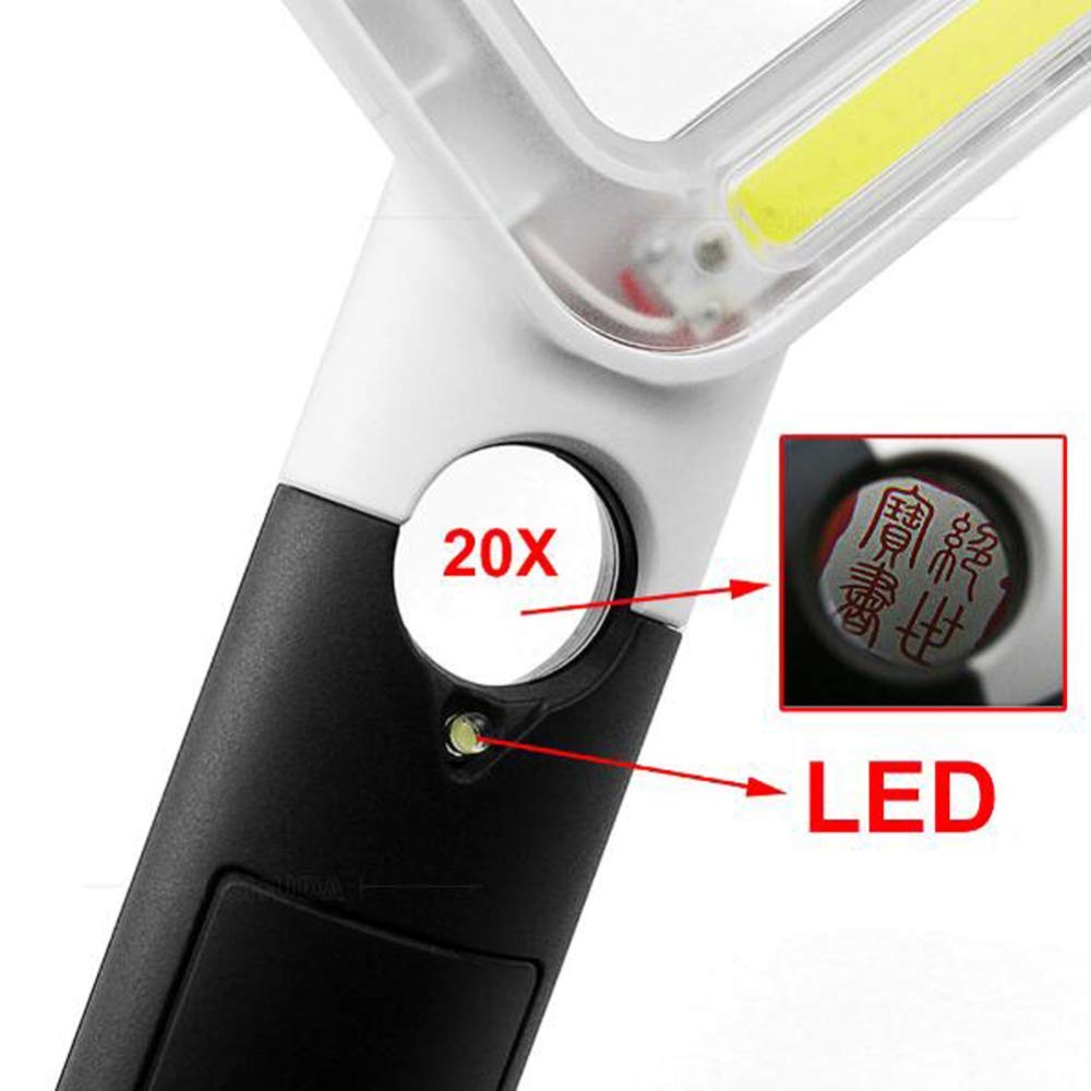 Lupa de Mano con luz LED COB, Lente acrílica 2X/20, Ayuda de Lectura iluminada portátil, Lupa para Leer Libros, periódicos, observación de Insectos y Pasatiempos, Ciencia