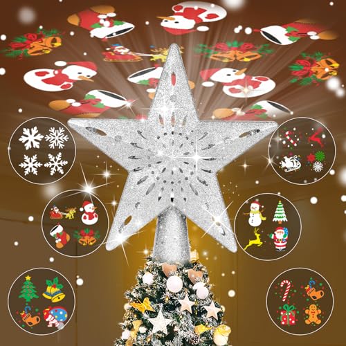 TKYHRMAS Christmas Tree Toppers Lighted with 6 Projection Modes, Christmas Star Tree Topper with Built-in LED Rotating Lights, Silver 3D Glitter Projection for Xmas Party Holiday Decorations by TKYHRMAS - Used condition - US$8.75