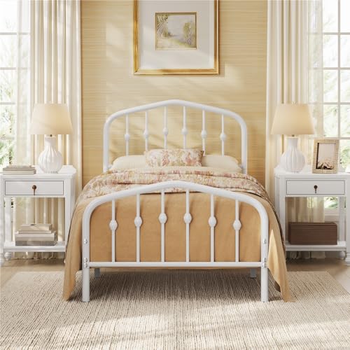 Yaheetech Twin Metal Bed Frame, Victorian Vintage Headboard White Smoke