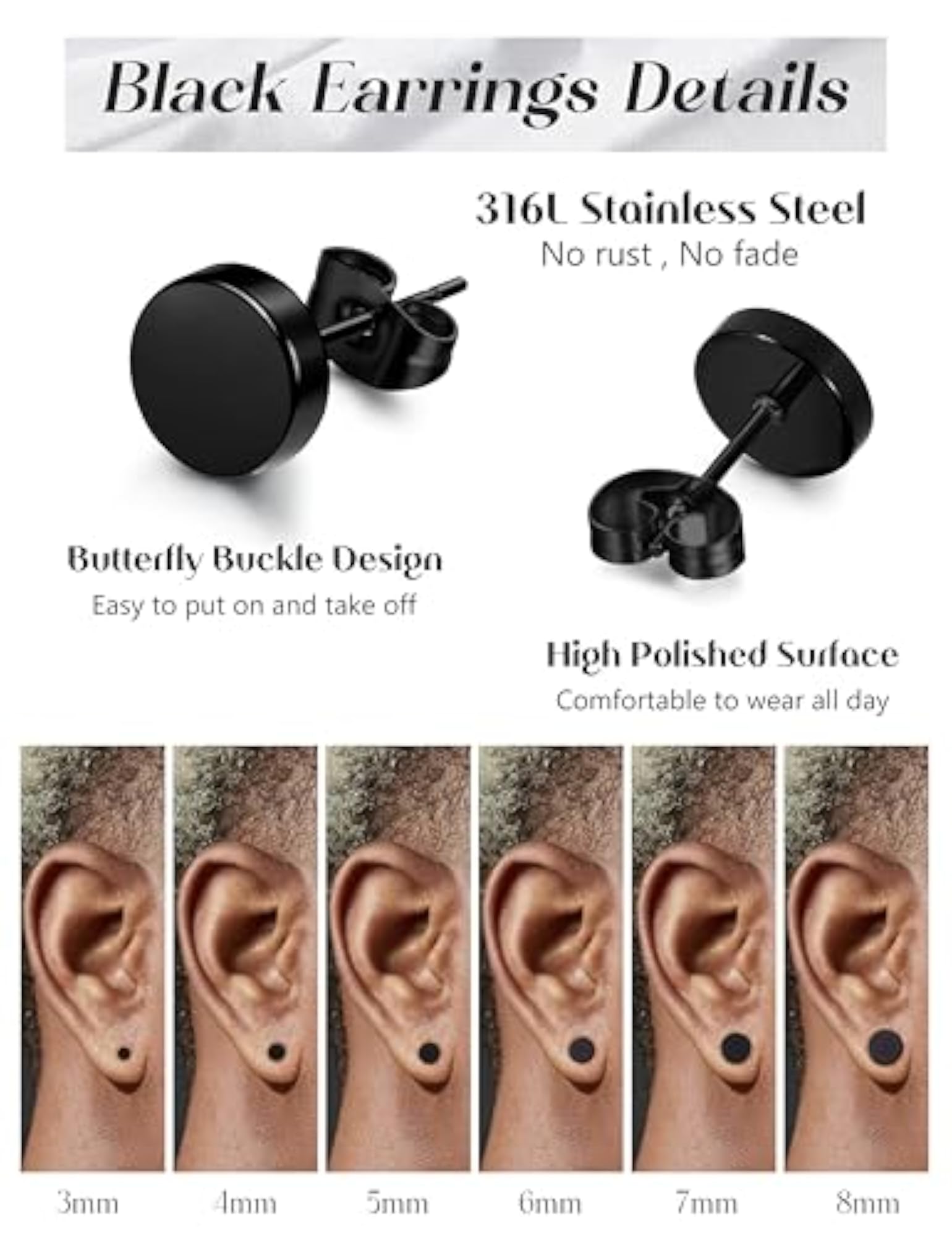 Stainless Black Stud Earrings for Men & Women