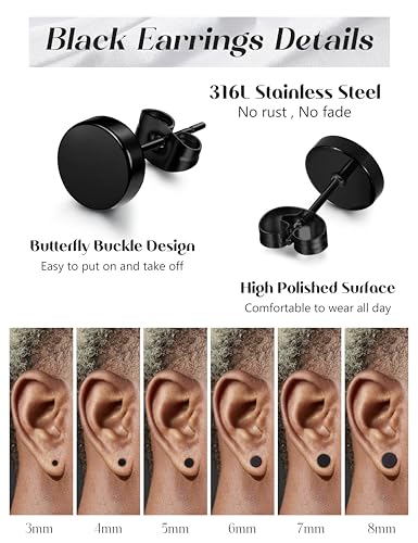 FIBO STEEL 316L Surgical Steel Hypoallergenic Black Stud Earrings for Men Women, Round Waterproof Cartilage & Lobe Jewelry, Comfortable Everyday Fashion Accessory, 3mm-8mm3