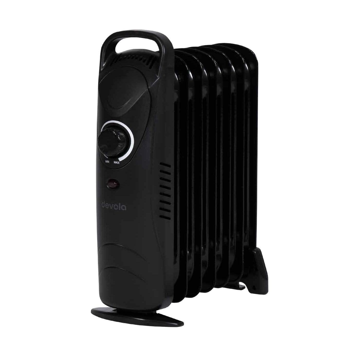 DevolaDevola 600W 7 Fin Mini Oil Filled Radiator, Free Standing Low Energy Electric Heater with Thermal Fuse for Overheat Cut Off, IP20, Power Indicator Light, Adjustable Heating Dial - DVMOR7F06B (Black)