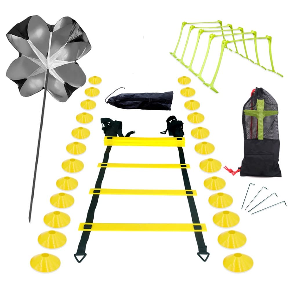 Set allenamento Speed ​​​​& Agility, accessori per allenamento calcio con 1 paracadute di resistenza, scala di coordinazione, 5 ostacoli regolabili, 24 coni a disco, dispositivo di allenamento