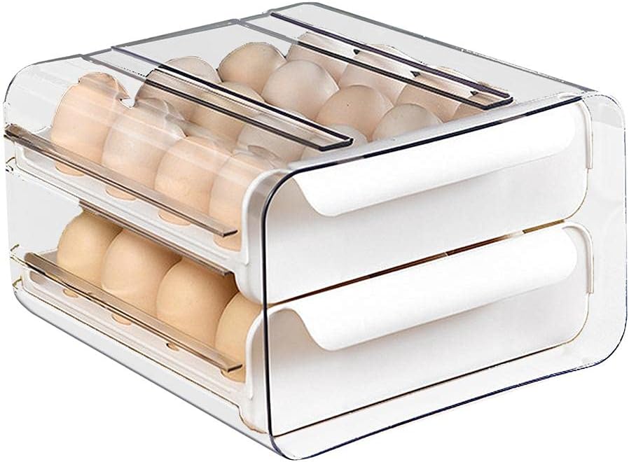 Egg Container for Refrigerator, 32 Grid Egg Holder for Refrigerator, 2 Drawers Egg Storage, Multi-Layer Chicken or Duck's Egg Organizer for Refrigerator, Egg Holder Countertop, Clear