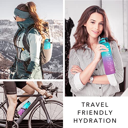 Image of Hyeta 32 Oz Water Bottle with Times to Drink and Straw, Motivational Time Marker Sports Bottle, Leakproof & BPA Free, 1 Liter Reusable for Fitness, Gym & Outdoor Activities, Green-Purple