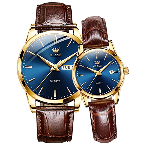 Image of OLEVS Couple Watches Quartz Calendar Luminous Waterproof Leather Luxury Casual Wrist Watch for Men & Women Best Gift for Anniversary, Valentine's Day
