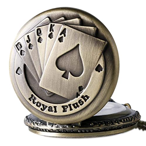 Zakhorloge Retro Brons Metalen Poker Card Patroon Quartz Zakhorloge Analoge Zakhorloges met 30 Cm Ketting Geschenken - Afbeelding 4