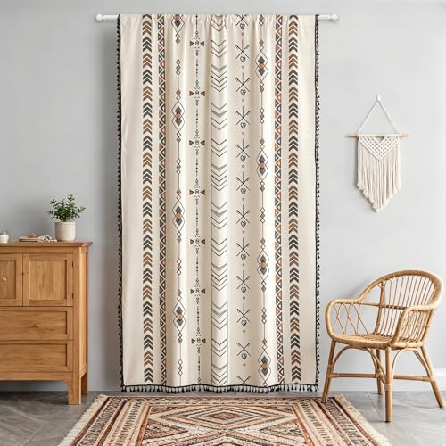 Coral Fish Boho Curtains Bohemian Window Curtains with Black Tassel Fringe Cotton Drapery for Living Rooms & Bay Windows Light-Filtering Farmhouse Curtain, Rod Pocket, 59x84 Inches, 1 Panel