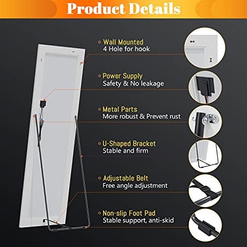 ELEGANT LED Full Length Dressing Mirror, 160x50 cm Standing Floor Mirror, Wall Mounted Hanging Mirror with Lights, Full Size Body Mirror with Dimming & 3 Color Modes, Large Leaning Dressing Mirror