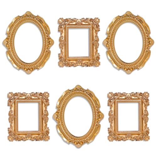 Image of 6 Pcs Mini Frames, Vintage Gold Small Picture Frames Antique Resin Photo Frame for DIY Craft Galley Wall Hanging Jewelry Display Shooting Photo Props Christmas Decor (Without Backings)