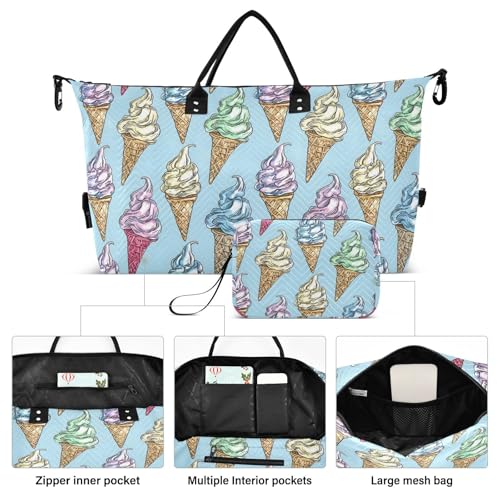 Watercolor Ice Cream Blue Large Travel Duffle Bag Weekender Overnight Bags Gym Yoga Bag for Women Men with Toiletry Bag2
