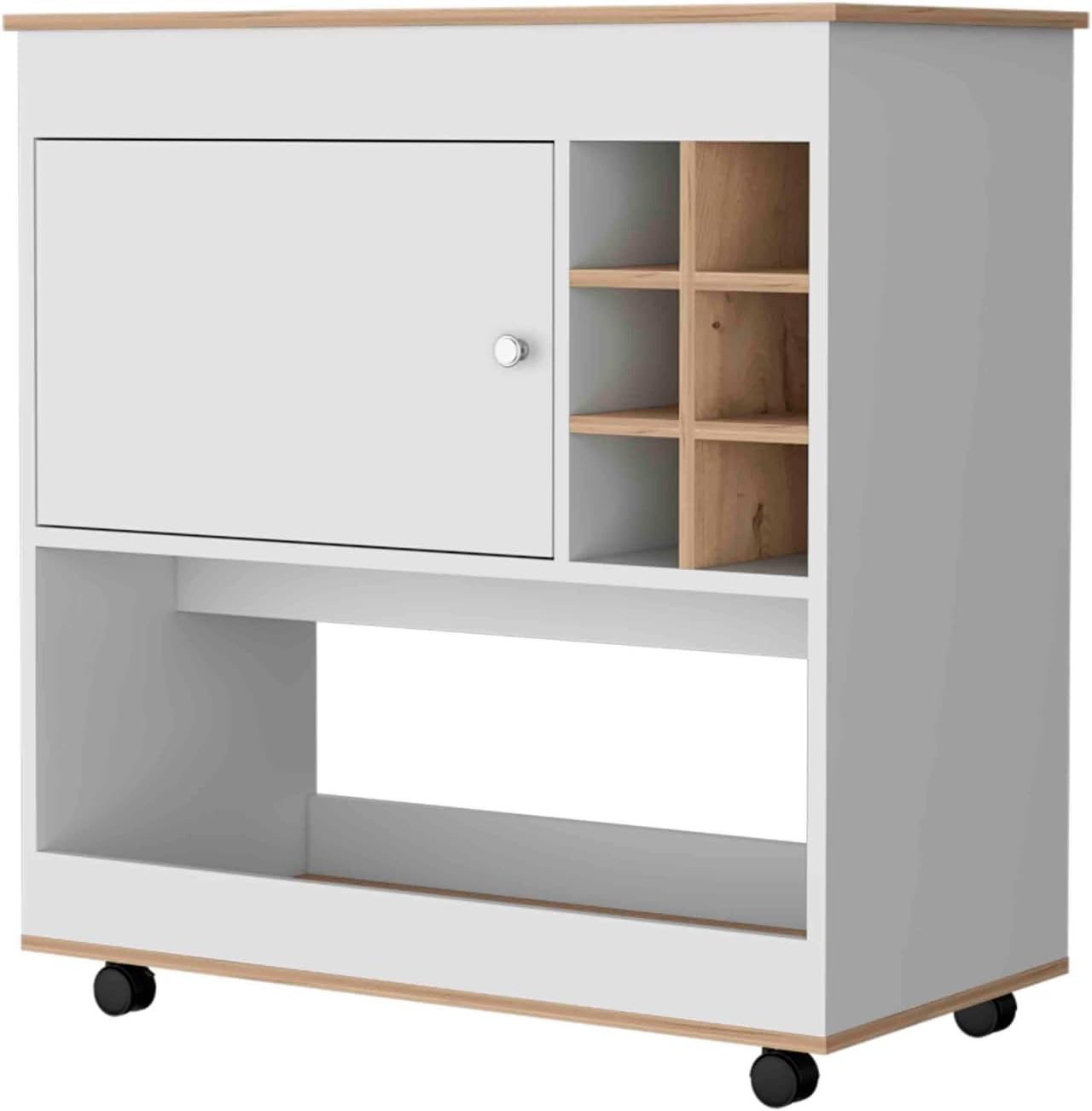Cart, One Cabinet, Six Bottle Cubbies, One Lower Panel, Four Casters