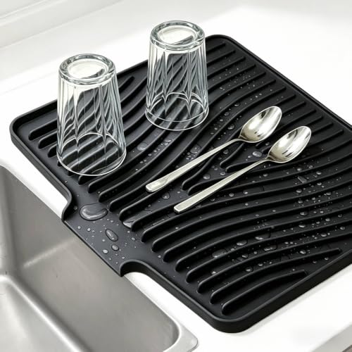 Image of EBIGIC Silicone Dish Drying Mat,15.7 inch*13 inchDish Drying Pad,kitchen accessories,with Built-In and Non-Slip Drain,easy Clean, fit for kitchen, Bar, RV, Refrigerator and Drawer Liner, Black