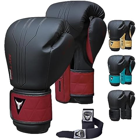 Mytra Fusion Boxing Gloves Included with Free Hand Wraps Punching Gloves MMA Training Muay Thai Gloves Men & Women Kickboxing Gloves (16-oz, Black/Maroon) Cover