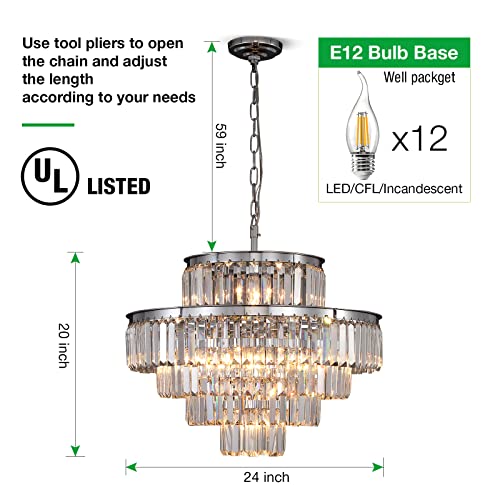Lt-Vt Chrome Modern Style Crystal Chandeliers & Lightsround Hanging Classic, Pendant Ceiling Chandelier Lighting Fixture 5-Tier For Dining Room Living Room(Chrome,24 Inch) #TOP4