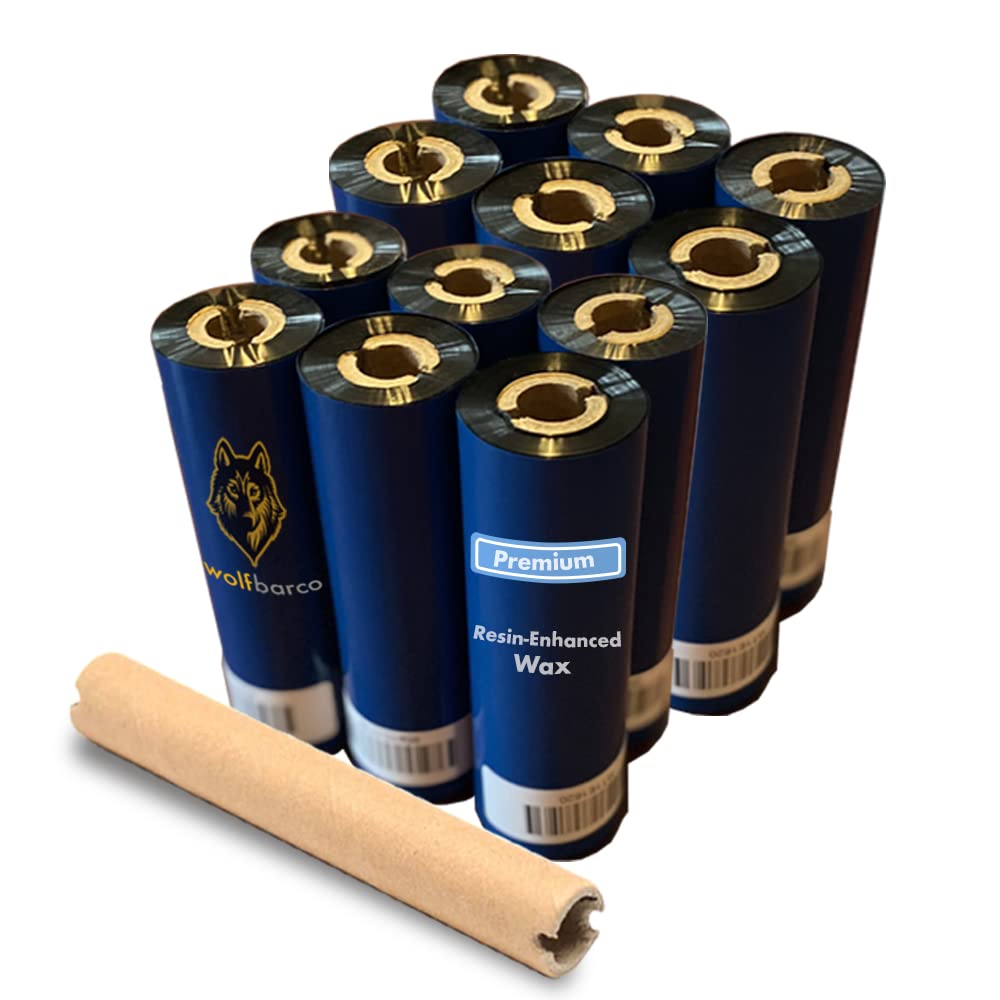 Wolfbarco - 12 rotoli di nastro a trasferimento termico in resina di alta qualità, compatibile con stampanti Zebra, 110 m x 74 m, colore: nero