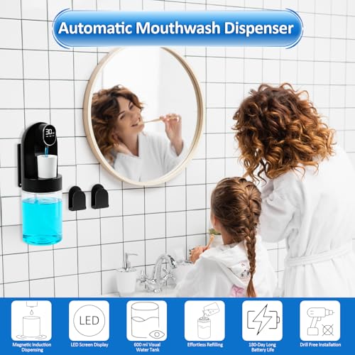 Image of Mouthwash Dispenser for Bathroom, Automatic Mouthwash Dispenser, 20.29 oz Touchless Electric Wall Mounted Mouth Wash Dispenser, 4 Modes with 4 Magnetic Cups for Kids & Adults,Bathroom Accessories Set
