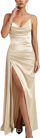 Womens Elegant Satin Deep V Neck High Slit Ruched Slim Fit Strapless Evening Prom Maxi Dress