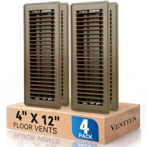 4 x 12 Floor Register Vent Covers 4-Pack Walkable Powder-Coated Metal Vent Covers with Adjustable Airflow Curved Safe Edges for Floor/Wall Brown