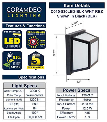 Coramdeo 9.25” Square Ceiling Light, Porch Light, Entry, Outdoor Hallway, Damp Location, Built In Led Gives 125W Of Light, 1200 Lumens, 3K, White Powder Coat Finish With Frosted Glass #TOP6