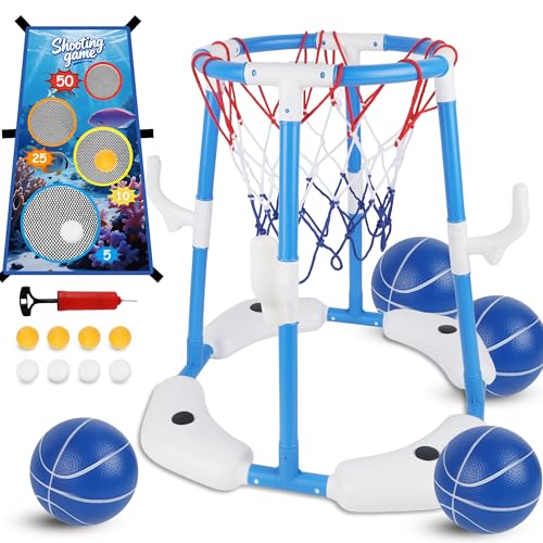 yofit Pool Basketball Hoop, 3-in-1 Floating Pool Games with Rings Ball Toss, Summer Outdoor Pool Toys for Kids Adults Ages 4-12 Basketball Hoop for Swimming Poolside Backyard (Blue)
