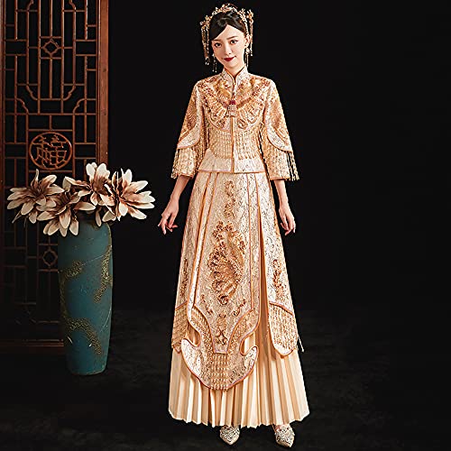 Ghkj Traditional Chinese Bride Cheongsam Suit Champagne Slim Show Wo Dress, Fringed Cuffs And Chinese Stand Collar Design, Can Be Used As Wedding Photography Props,Xxl #TOP8