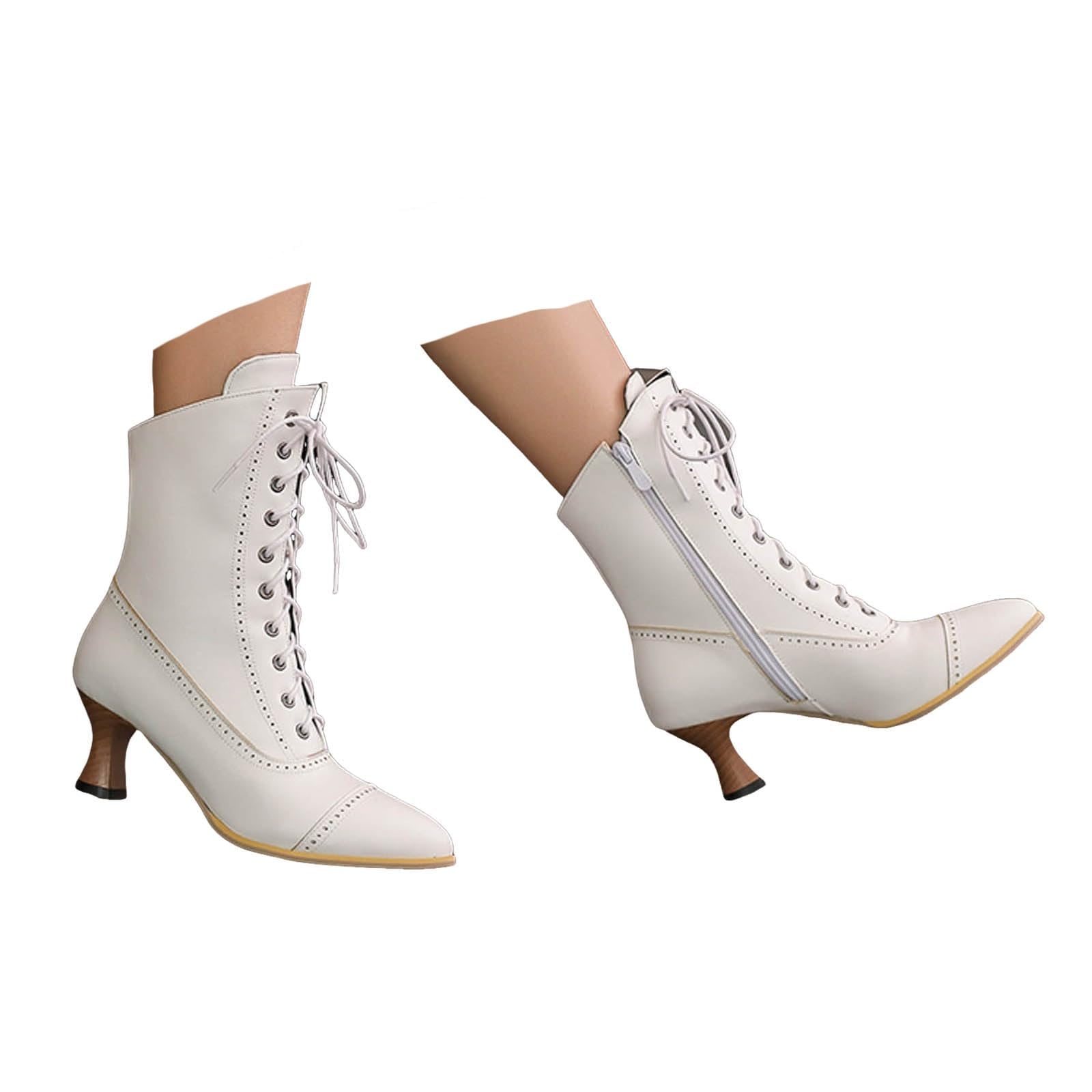 Women Vintage Victorian Boots Mid Calf Leather Kitten Heels Goth Lace up Pointed Toe Side Zipper Short Granny