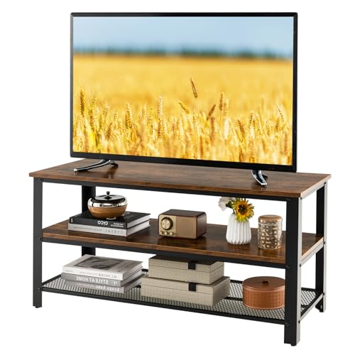 HOMASIS Mueble de TV Madera, Mesa Consola para Televisor de 50 Pulgadas, Soporte de TV Industrial con 3 estantes Abiertos, Estantería con Marco de Metal, para salón, Dormitorio, 110x42x53cm, Marrón