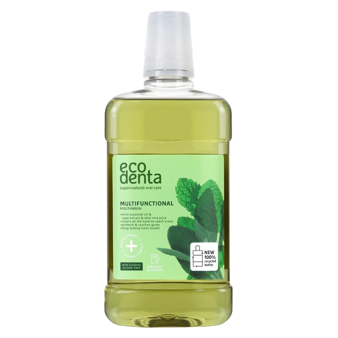 Ecodenta collutorio contiene addirittura il 95% di ingredienti di origine naturale - combatte l'alito cattivo e senza alcool con fluoro - collutorio antibatterico - 500 ml Collutorio multifunzionale 500 ml (Confezione da 1)