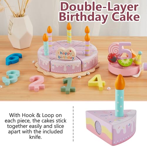 HERSITY Wooden Birthday Cake Pretend Play Toy for Toddlers Girls, Cutting Food Toys Afternoon Tea Set Gifts for 3 4 5 Years Old Kids Childrens