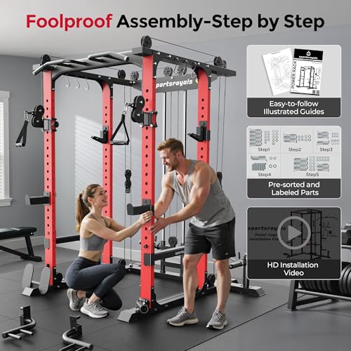 Image of SPORTSROYALS Power Rack, Multi-Functional Power Cage, Squat Rack with Pulley System & LAT Pull Down, Workout Cage with J Hooks for Home Gym