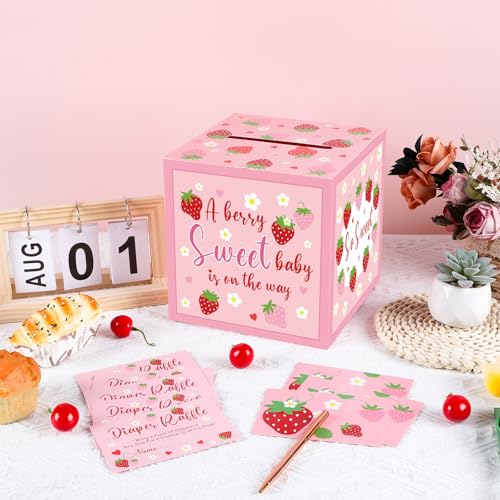 Image of 51Pcs Pink Strawberry Diaper Raffle Tickets with Box Strawberry Baby Shower Game Kit Party Decors Favor A Berry Sweet Baby Is On The Way Holder Box for Girl Boy Gender Reveal Party Invitation Supplies