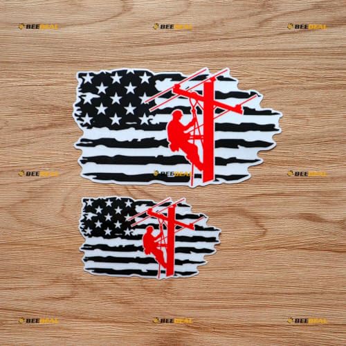 Image of 2 Pack Reflective, 4 Inches, 6 Inches - Lineman American Flag Electrical Power Line Pole Sticker Decal Vinyl Black Red Distressed Tattered 03203d - for Car Boat Laptop White Background