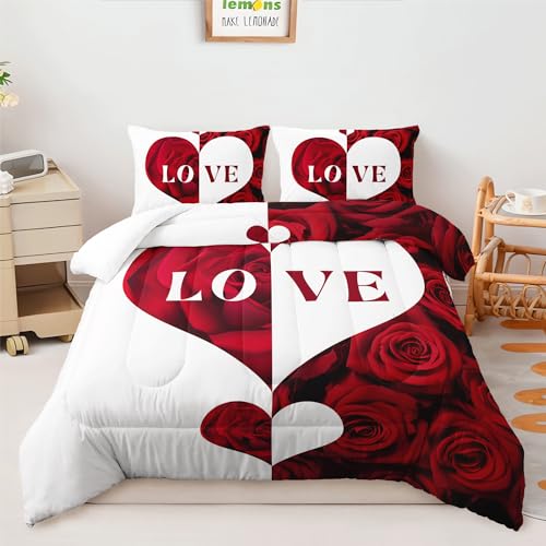 AILONEN 3-Piece Red Rose Comforter Set Queen Size,Red and White