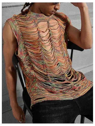 Verdusa Men's Colorful Ripped Sheer Sweater Sleeveless Crew Neck Lightweight Knitted Vests4