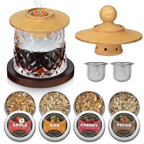 Whiskey Smoker Kit Cocktails Smoker Infuser Kit with 2pcs Stainless Steel Mesh Filter Bowls 4 Flavor Wood Chips Old Fashioned Bourbon Drink Smoked Set Christmas Day Gift Idea for Dad Mom