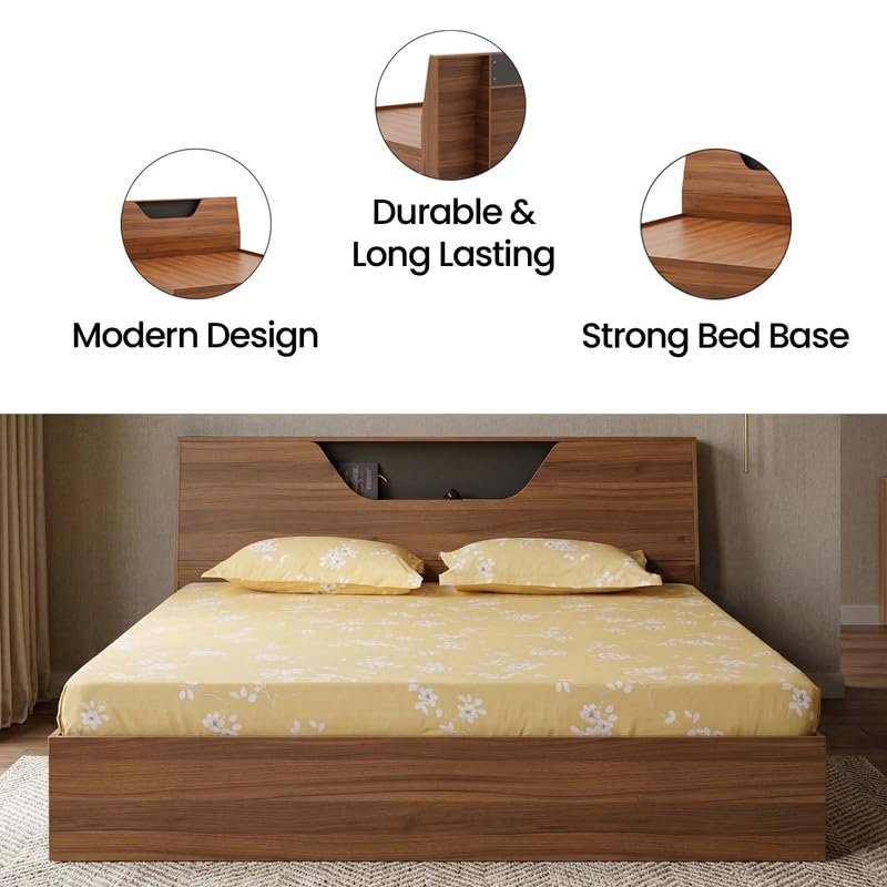 Image of Royaloak Zen King Size Bed Without Storage, Engineered Wood with Melamine Finish, Slanting Headboard, Modern Durable Bed Frame