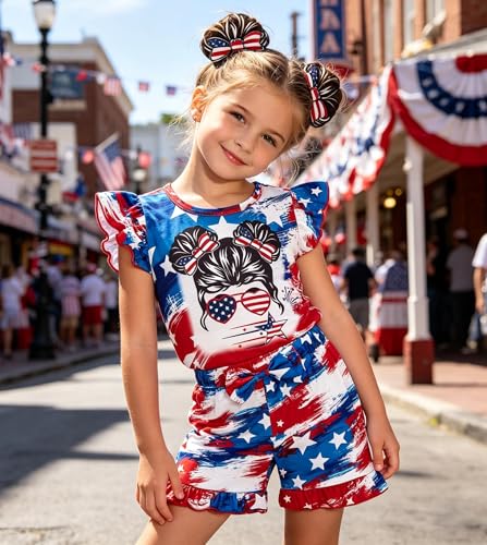 Image of Barlver Girls 2 Piece Short Set Baby Girl Summer Clothes Ruffle Sleeve T-Shirt and Bow Knot Shorts Toddler Girl Outfit Set