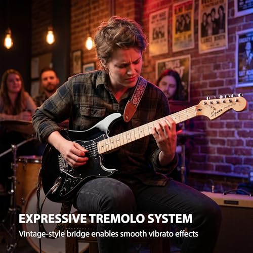 Image of Fender Squier Sonic Stratocaster HSS - Black Bundle with Mustang Micro Headphone Amplifier, Instrument Cable, Tuner, Strap, Picks, and Austin Bazaar Instructional DVD
