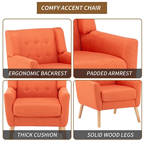 Richfire Mid-Century Modern Accent Chair, Tufted Wingback Reading Chair With Lumbar Pillow And Solid Wood Legs, Linen Fabric Living Room Chair For Living Room Bedroom Apartment, Orange #TOP4