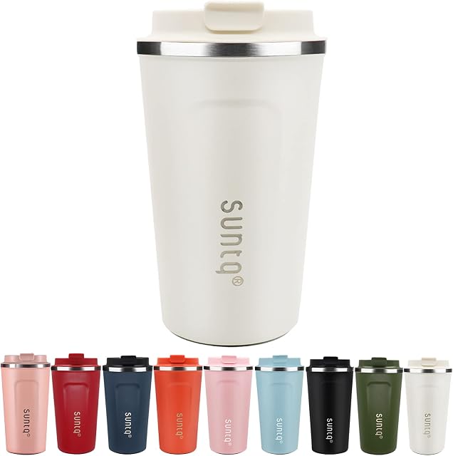 SUNTQ Reusable Coffee Cups Travel - Coffee Travel Mug with Leakproof Lid - Thermal Mug Insulated Cup - Stainless Steel Coffee Travel Cup, for Hot and Cold Drinks, 18oz/510ml, Cream White