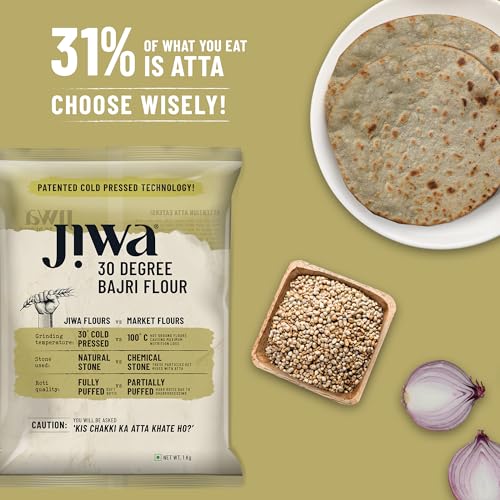 Image of Jiwa 30 Degree Bajri Flour /Atta | Patented Cold Pressed Flour | Slow Ground | Puffed Soft Rotis | Pearl Millet Flour | Gluten Free | 100% Bajra | 1 Kg (Pack of 2)