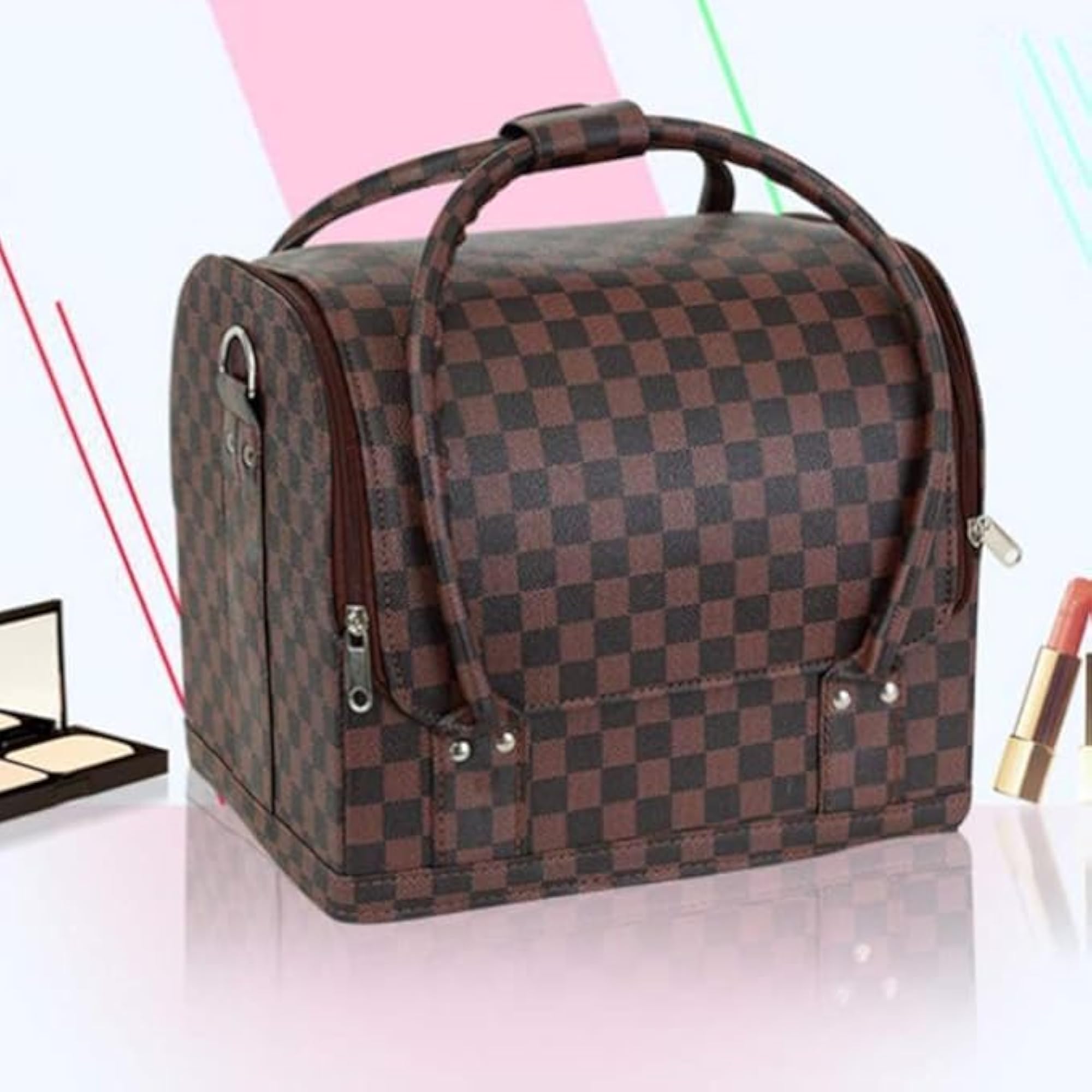 Large Capacity PU Leather Makeup Travel Bag, Brown