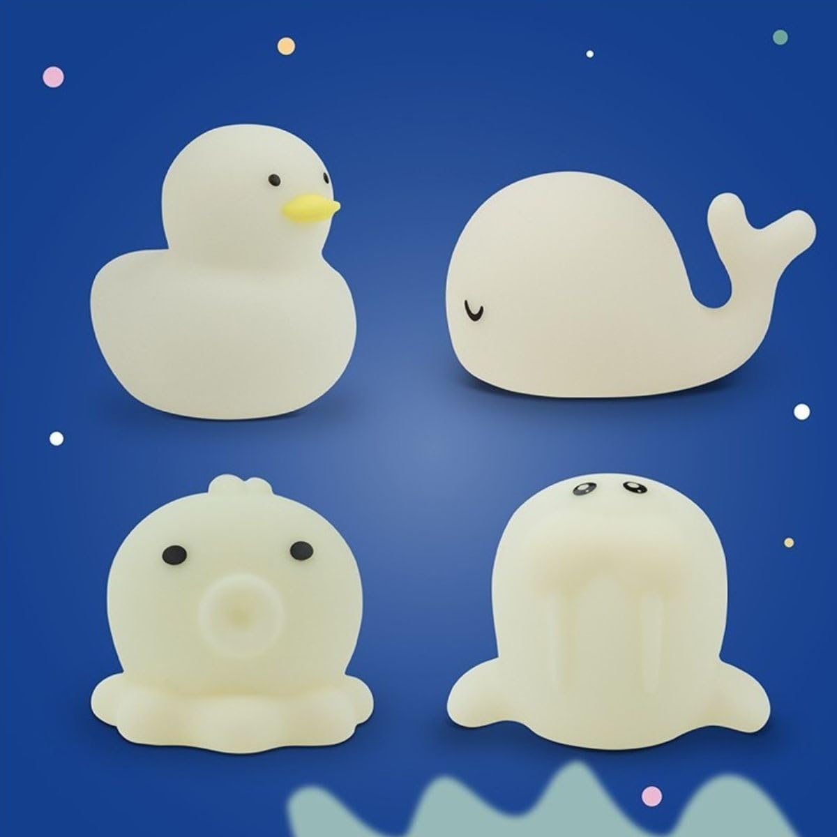 Set de 4 Veilleuses LED Animaux Marins - Éclairage RGB Changeant - Étanches IP67 - Jouets Flottants en Silicone pour Bain et Décoration