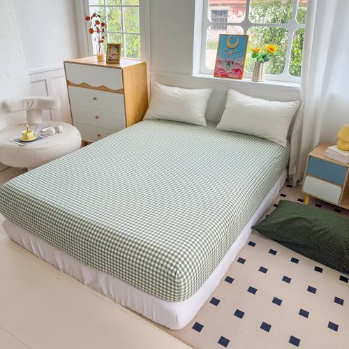 Image of Mucalis Green Gingham Fitted Sheet Queen Only Deep Pocket 16 Inch 100% Washed Cotton Tan White Plaid Checkered Bottom Sheet,Soft,Breathable,Easy Care