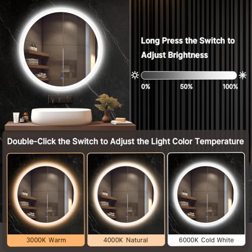 32" Round led Bathroom Mirror with Lights 3D Backlit Mirror 3 Color Temperatures Anti-Fog Adjustable Brightness Memory Function ETL Listed IP44 Waterproof - Image 6